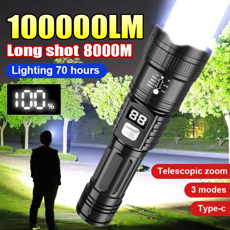 Tactical Flashlight Rechargeable - 100000LM Süper Parlak Led El Fenerleri